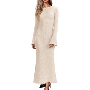 Yousify Womens Bell Long Sleeve Maxi Dress Casual Crewneck Knit Slim Fit Flowy Sweater Dresses XL