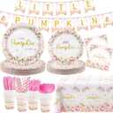 MEHOFOND Fall Pumpkin Plates and Napkins Party Supplies194 Pcs, Pink Floral Disposable Tableware Set with Cups Banner Pumpkin Tablecloth for Girls Baby Shower Dinner Party Decorations, Serves 24