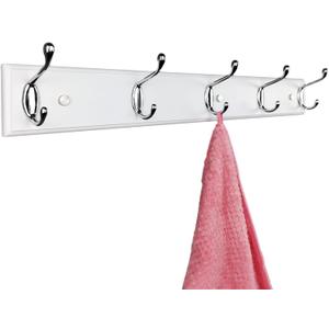 Wooden Wall Mounted Coat Rack 24 Inch, White with 5 Silver Hooks for Entryway, Hallway, Bedroom