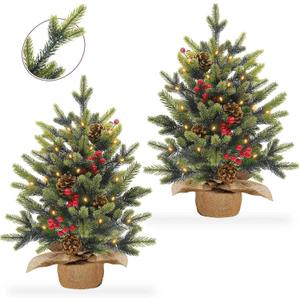 2 Pack 24 Inch Tabletop Small Christmas Trees with Lights Timer Realistic-Feel PE Pine 2 Ft Artificial Mini Christmas Tree Battery Operated Red Berries Pinecone Christmas Decoration Indoor Xmas