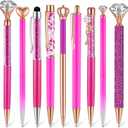 Janmini 9 Pcs Ballpoint Pens Set Metal Crystal Diamond Glitter Pens for Journaling Black Ink Pretty Cute Things Fancy Stationery Gifts for Women Girls Birthday Home Office Desk(Fluorescent Pink)