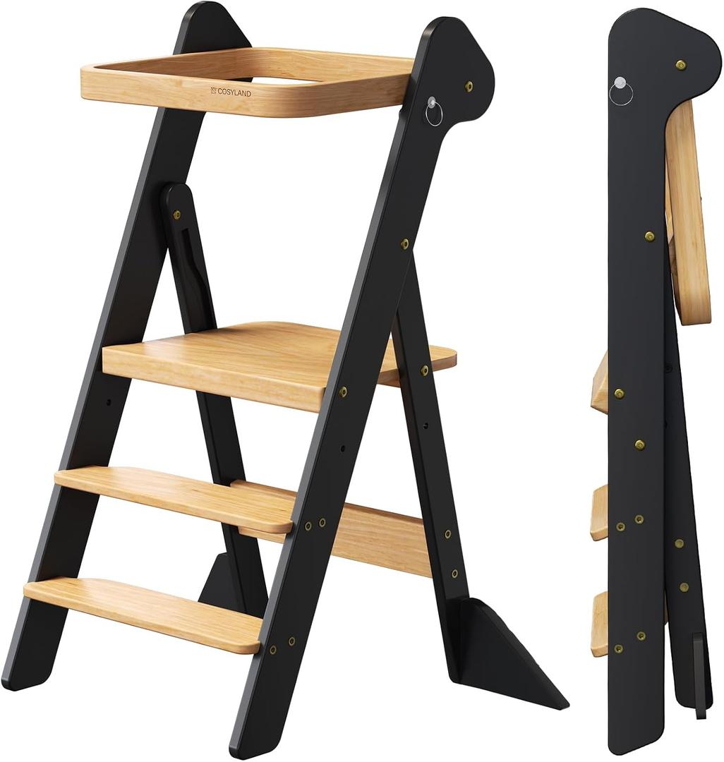 COSYLAND Foldi Foldable Toddler Kitchen Stool - Adjustable Height Toddler Standing Tower with Net & Safety Feet, IF Award-Winning Wooden Learning Step Tower for Kids 18M-6Y, Black & Natural