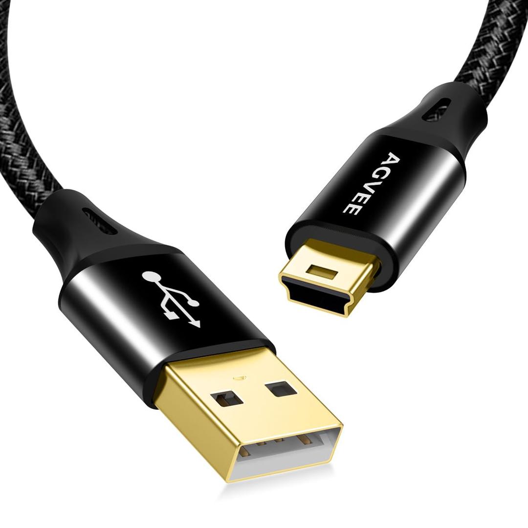 AGVEE 2 Pack 10ft Mini USB Cable, Braided Durable USB-A to Mini-B Charger Charging Cord for TI-84, Garmin GPS, Go-Pro Hero 4 3 2 HD, PS3 Controller, Canon Camera, Blue Yeti Microphone, Black