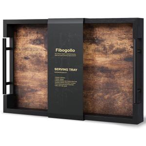 Fibogollo Wooden Serving Tray with Metal Handles,15x9.8in Ottoman Decorative Trays Platter for Coffee Table,Living Room,Bar,Party,Medium