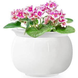 African Violet Pots, 8 Inch Self Watering Pots, Easy Plant Self Watering Pot, Ceramic Plant Pot with Absorbent Inner Pot for Flowers, Flower Pot Indoor - White