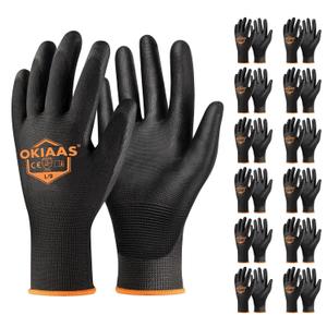 OKIAAS Work Gloves for Men,Ultra Thin and Lightweight Working Gloves with Grip,12 Pairs Bulk Pack Construction Gloves with Polyurethane Coating,Safety Gloves for Light Duty Work (Black, Large)