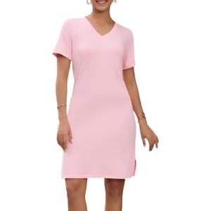 Womens Summer Dresses Casual V Neck Mini Shift Short Sleeve Sun Dress for Women Work Split Beach Sundress (Pink, S)