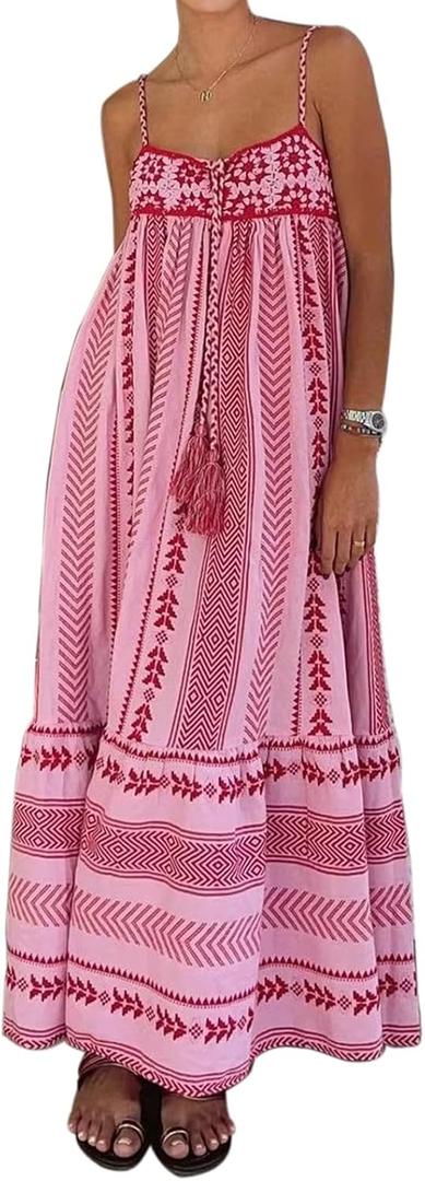 Women Boho Maxi Dress Crochet Patchwork Sleeveless Long Flowy Swing Dress Pink Beach Sundresses (Small)