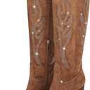 Celbreez Cowboy Boots for Women Cowgirl Boots Women Suede Knee High Boots Rhinestones Embroidered Western Boots Pointed Toe Chunky Heel Side Zip Festival Country Concert Shoes, Size 6