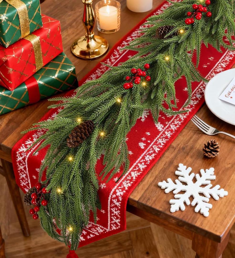 9FT Prelit Norfolk Pine Garland for Mantle, Real Touch Realistic Greenery Garlands for Table, Outdoor Indoor Xmas Holiday