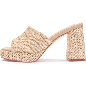 Monrovia Raffia Platform Heels for Women – Chunky Block Open Toe Woven Slides, Natural Straw Summer Dressy Vacation Sandals, Comfortable Heeled Slip On Mules, 8