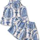 Girls Summer Outfits 2 Piece Halter Neck Floral Sleeveless Top and Short Pants Set Clothes for Kids Size 4-8 Years (Blue)