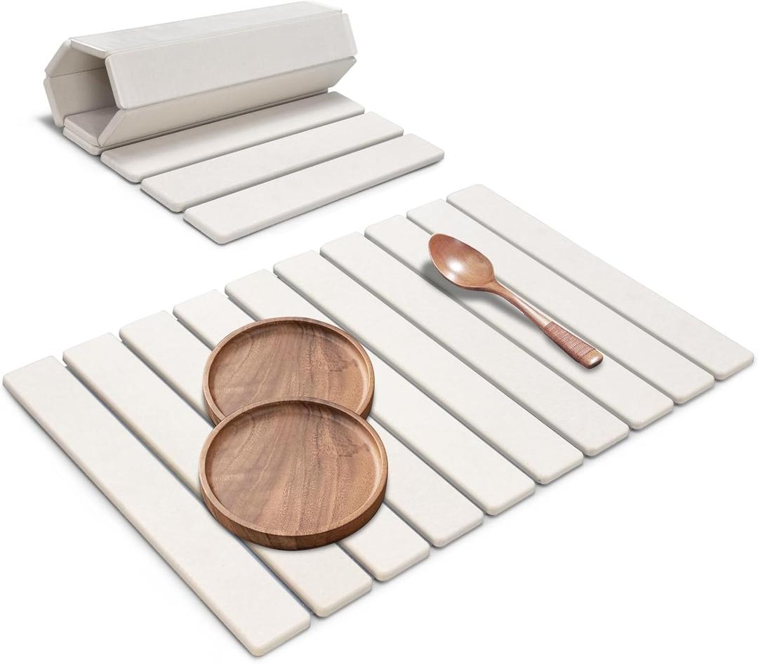 Large Stone Dish Drying Mats for Kitchen Counter, 24"(L)16"(W), Quick Drying Collapsible Dish Drying Mats, Eco-Friendly Absorbent Diatomaceous Earth Mats for Dishes Bottles Cups, Match Any Countertop
