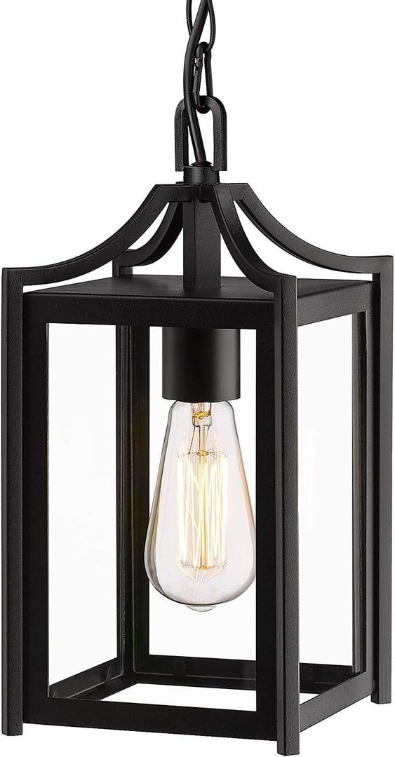 Outdoor Pendant Light, 14" Large Modern Hanging Porch Light with Adjustable Chain, Black Exterior Outdoor Hanging Lantern with Clear Glass for Porch Foyer Gazebo, 2439/1H