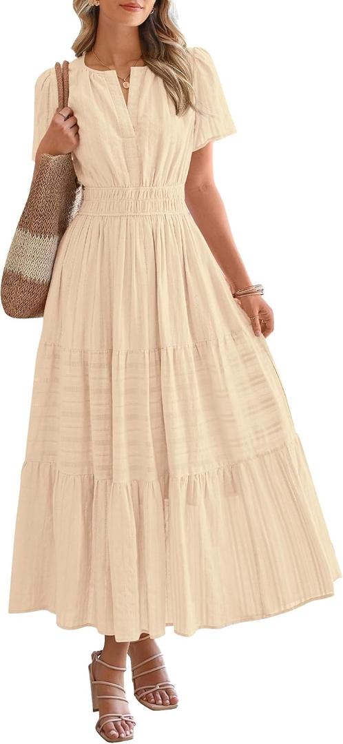 BTFBM Womens Summer 2026 Casual Midi Maxi Dresses Lightweight Short Sleeve V Neck Elastic Waist Boho Beach Dress Pockets (Apricot, Medium)