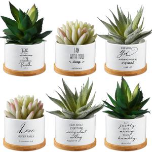 Sieral 6 Pcs Bible Verse Succulent Pots White Ceramic Flower Planter with Bamboo Tray Small Pots Christian Gift Succulent Planters for Patio Garden 3 x 3 x 2 Inch, Plants Not Included(Bible Style)