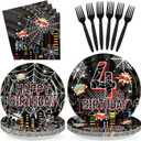 96 Pcs Spider 4th Birthday Party Supplies Black Spider 4th Birthday Plates Disposable Cartoon Super Theme Hero Paper Tableware Set for Boys Kids Spider 4 Year Old Party Decorations Serves 24