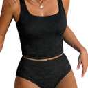 ZAFUL Womens Tankini Swimsuits Two Piece Tummy Control Bathing Suits Textured Tankini Swim Top with High Waisted Bottom (Black, M)