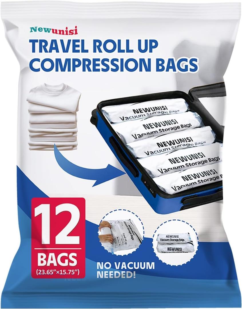 12-Piece Travel Vacuum Storage Bags—Roll-Up Compression Bags to Save Space in Luggage, for Camping, and for Storing Clothing—No Pumping Required, 23.65” X 15.75”