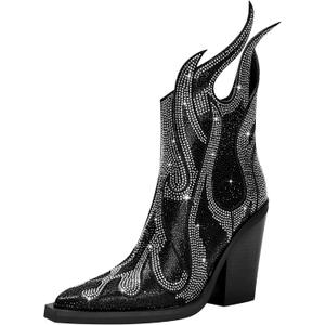 Feinlina Women's Rhinestone Flame Pointed Toe Block Chunky Heeled Boots Fashion Sparkly Cowboy Ankle Booties (6, Black)