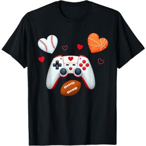 Valentines Day boys men Hearts gaming Basketball Baseball T-Shirt (Small, Black)