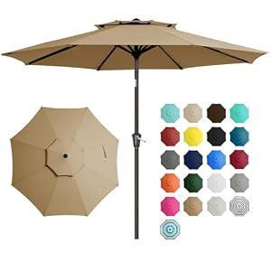 JEAREY 9' 2-Tiers Patio Umbrellas Outdoor Table Market Umbrella w/ Push Button Tilt/ Crank, 8 Sturdy Ribs, UV Protection Waterproof Sunproof(Tan)