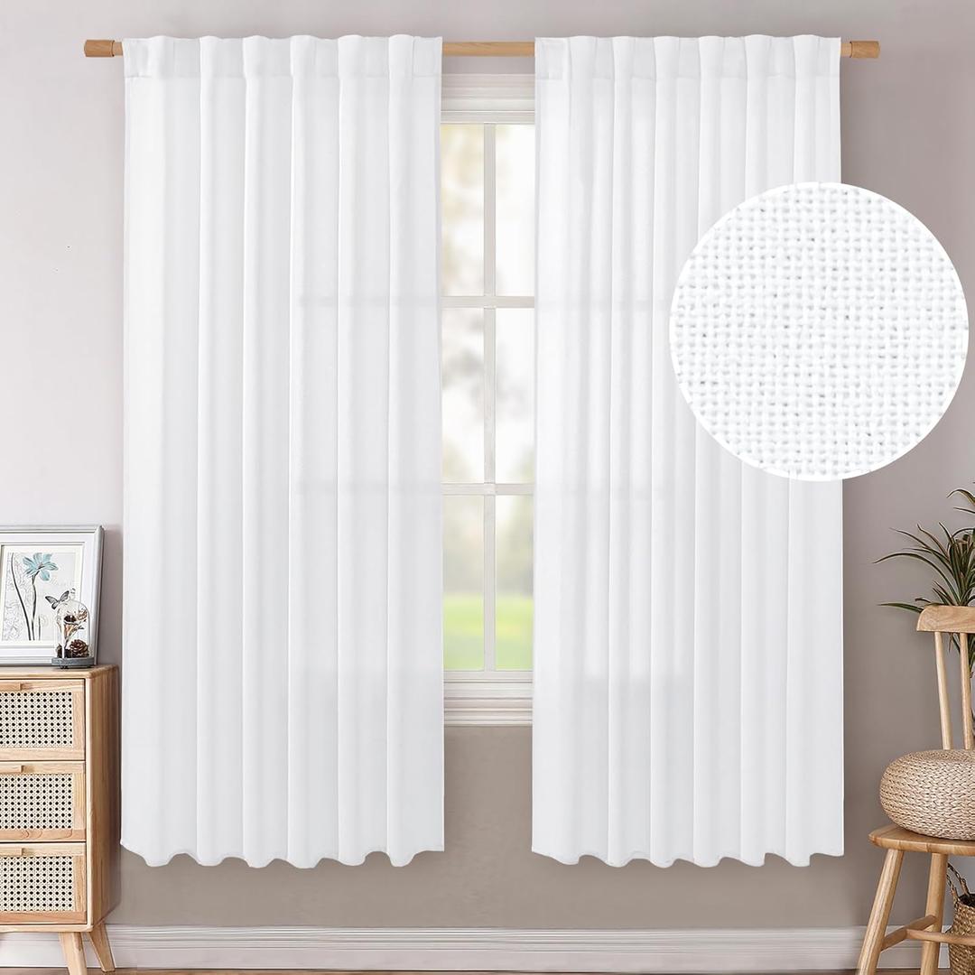 BGment White Linen Curtains 72 Inch Length 2 Panels for Living Room, Rod Pocket Semi Sheer Window Drapes Light Filtering for Bedroom Office Dining Privacy Back Tab, 52 Inch Wide Each Panel