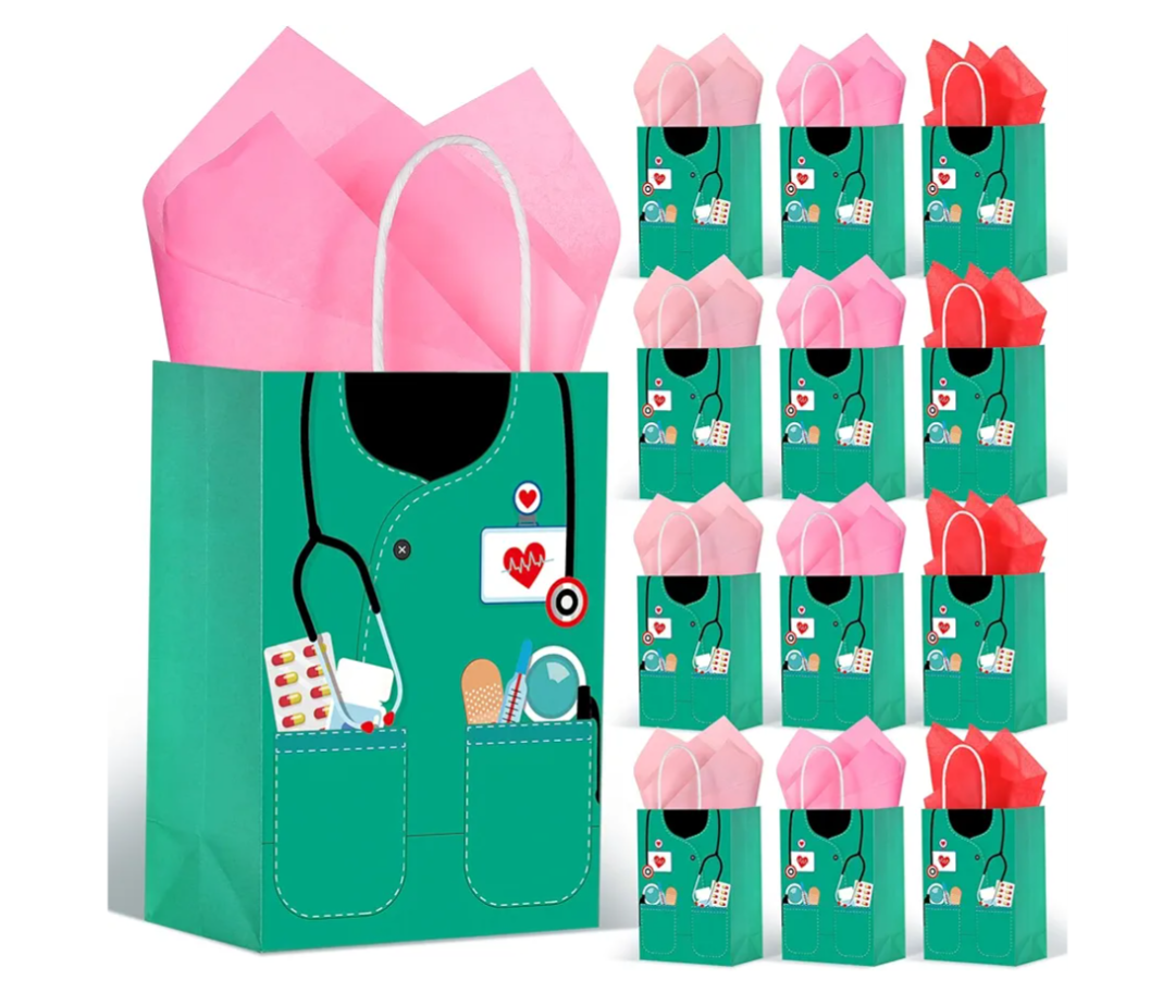 Nezyo 30 Pcs Nurse Gift Bags with 30 Wrapping Tissue Papers Nurses Appreciation Week Gifts Bags Stylish Nurse Appreciation Gifts for Thank Party Memorable Nursing Assistant Graduates Medical (Green)