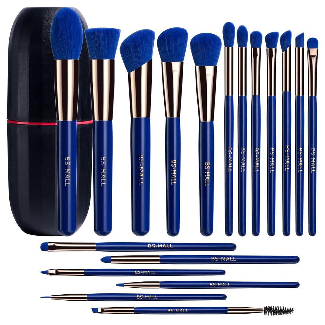 BS-MALL Makeup Brushes Premium Synthetic Foundation Powder Concealers Eye Shadows Makeup 18 Pcs Brush SetDark Blue with case