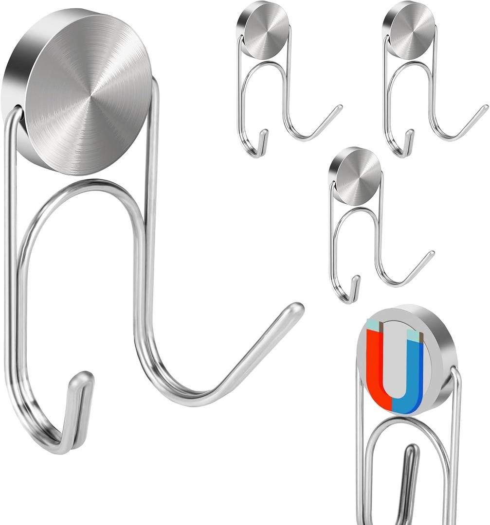 Magnetic Hooks 304 Stainless Steel Hooks Heavy Duty Magnets Hanging Hooks for Refrigerator Grill Toolbox Cabins Outdoor,Cruise Essentials Camper Accessories,4pack, Silver