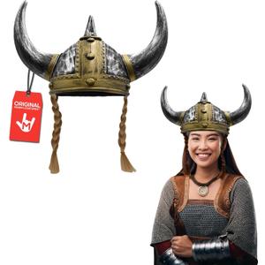 Nicky Bigs Novelties Morph Viking Helmet with Horns and Hair Braids for Adult Plastic Norse Barbarian Warrior Hat Silver Gold Medieval Vikings Costume Accessory Halloween Hats 3 Style Configurations