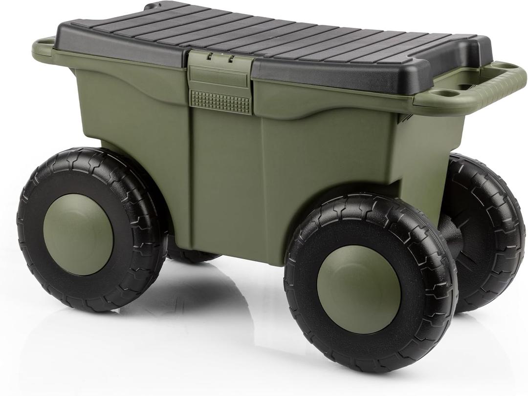 Pure Garden Rolling Garden Cart with Seat - Plastic Storage with Bench and Interior Tool Tray - Gardening Stool for Weeding and Planting (Green)