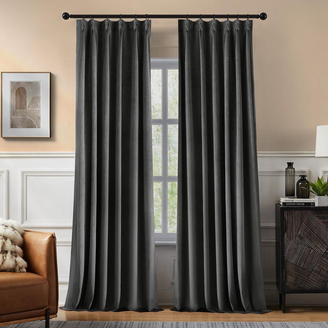 Pinch Pleated 100% Blackout Curtains for Bedroom, Grey Velvet Curtains for Living Room, Black Out Curtain 84 inch Long Room Darkening, Blackout Pinch Pleat Drapes with Hooks 2 Panels