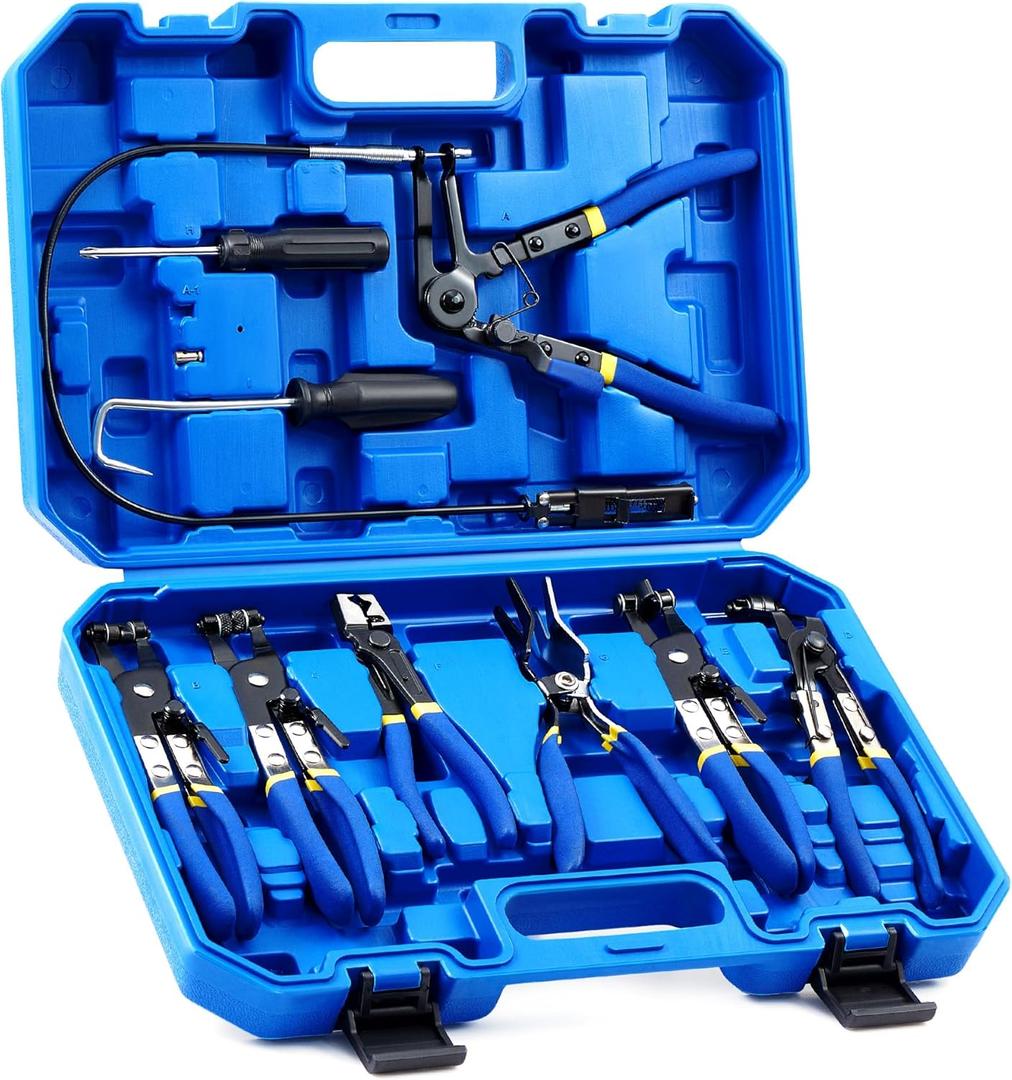 Orion Motor Tech 9pcs Hose Clamp Pliers for Fuel Oil & Water Hoses, Automotive Long Reach Hose Clamp Remover Kit with Flexible Wire Clic R Type Swivel Jaw Flat Band Pliers Case, Blue