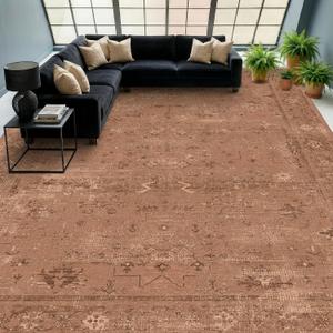 Terracotta 10x12 Washable Area Rug for Living Room, Large Rust Vintage Distressed Rug with Geometric Design, Non-Slip Low Pile Southwestern Boho Carpet for Bedroom, Family Room & Open Concept Spaces