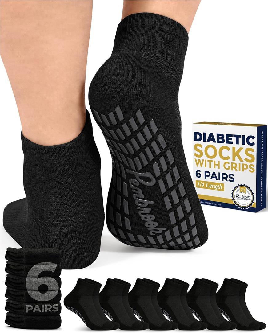 Pembrook 6 Pairs Diabetic Ankle Socks for Men & Women with Grips - 12 Colors Neuropathy Socks for Men | Non Slip | Edema (Large)