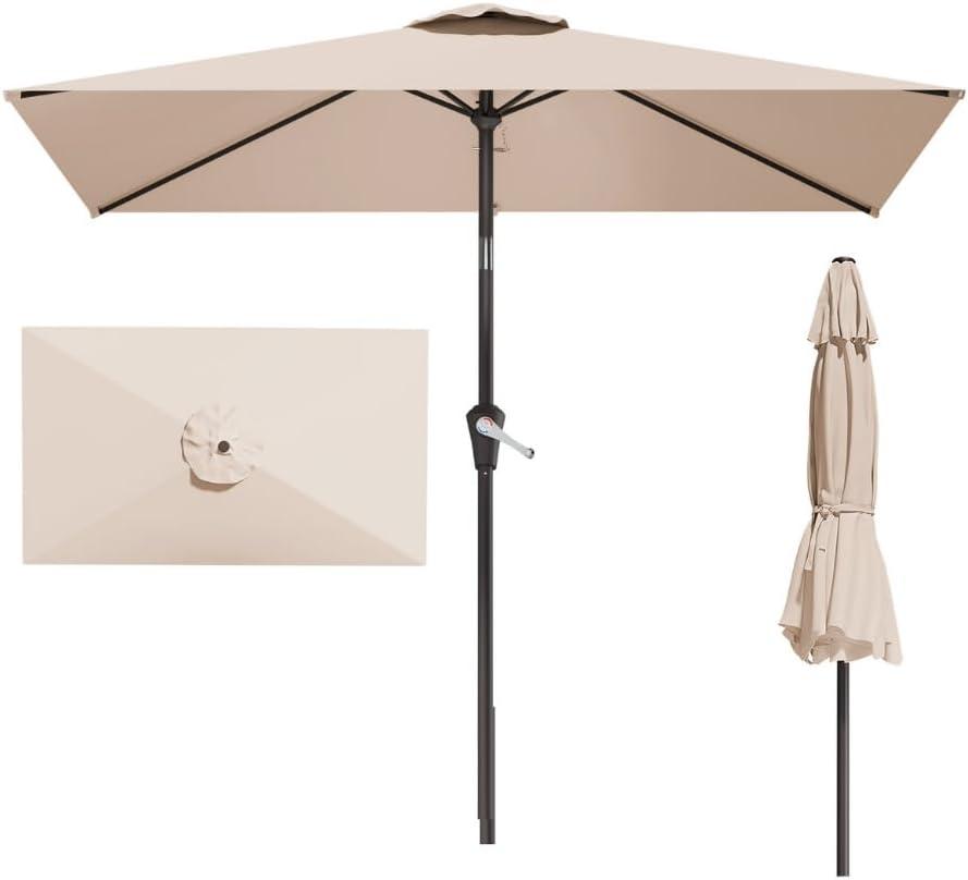 6.5' x 10' Rectangular Patio Umbrella Large Outdoor Market Umbrella w/UV Protection, Push Button Tilt and Crank Lift, Rectangle Table Umbrella for Garden, Deck, Pool, Patio, Beige, 6.5x11FT