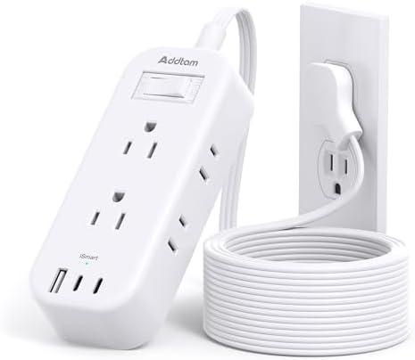10Ft Extension Cord with Multiple Outlets, Addtam Flat Plug Power Strip Surge Protector Long Cord, Outlet Extender with 6 AC Outlets 3 USB (2 USB C), Multi Plug for Home College Dorm Room Essentials