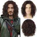 Mens Brown Curly Wig for Costume Middle Part 70S 80s Synthetic Funny Wigs for Retro Halloween Cosplay Party Use