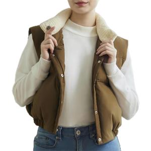 Women's Winter Outerwear Vests Crop Puffer Vest Lightweight Sleeveless Padded High Stand Collar Jacket (Brown, L)