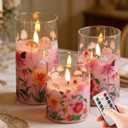 Pink Floral Glass Flameless Pillar Candles with Remote, Flickering Spring LED Battery Candles Home Decor Set of 3