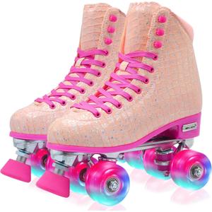 Roller Skate for Women Girls and Kids, High-top Double Row-Classic Rollerskates Size 5 6 7 8 9 10 11 and Youth Size 2 3, Indoor Outdoor Roller Skates for Beginner Ladies with Light-up Wheels (Rose Red)