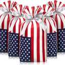 Clysee 100 Pcs Patriotic Gift Bags Bulk with Drawstring 4th of July Plastic American Flag Treat Goodie Bags USA Red Blue and White Candy Pouches Independence Day Patriotic Party Favors Supplies