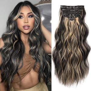 NAYOO Clip in Hair Extensions for Women 20 Inch Long Wavy Curly Black Mix Blonde Hairpieces Full Head Synthetic Hairpieces (6PCS, Black Mix Blonde)