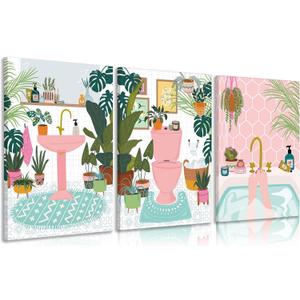 3pcs Pink Bathtub Plant Canvas Wall Art Maximalist Botanical Bathroom Wall Decor Pictures Pink Toilet Bathtub Sink Posters Prints Paintins for Washroom Artwork Home Decoration Ready To Hang
