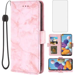 Asuwish Compatible with Samsung Galaxy A21 Case and Tempered Glass Screen Protector Cell Accessories Card Holder Slot Kickstand Marble Wallet Phone Coveres for Glaxay A 21 Gaxaly 21A A21Case US Pink