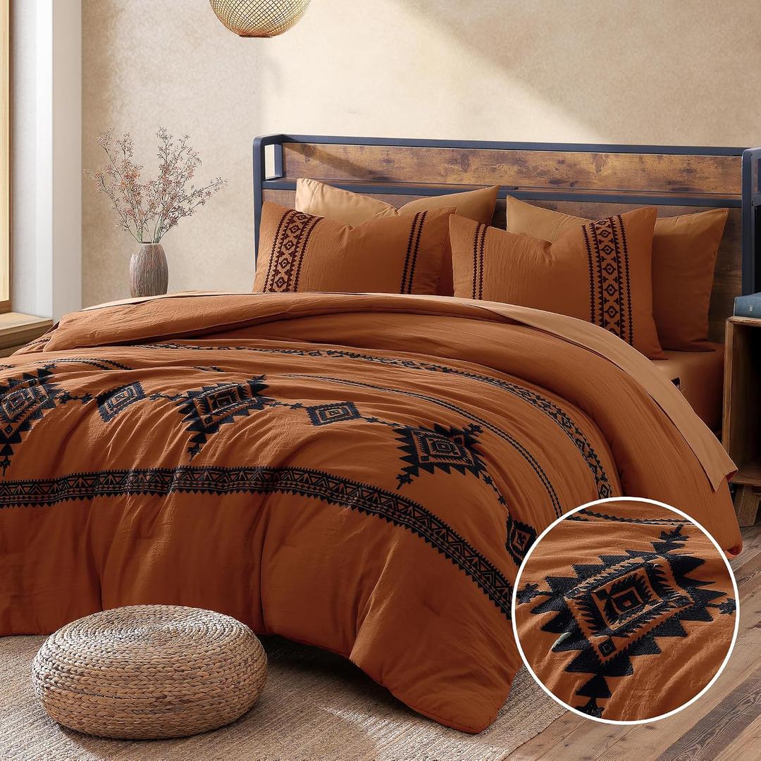 MaiRve Embroidery Comforter Set, Boho Farmhouse Western Bedding Set, All Season Bed in A Bag Comforter Set with Sheets, Pillowcases & Shams, Burnt Orange California King 7 Pieces