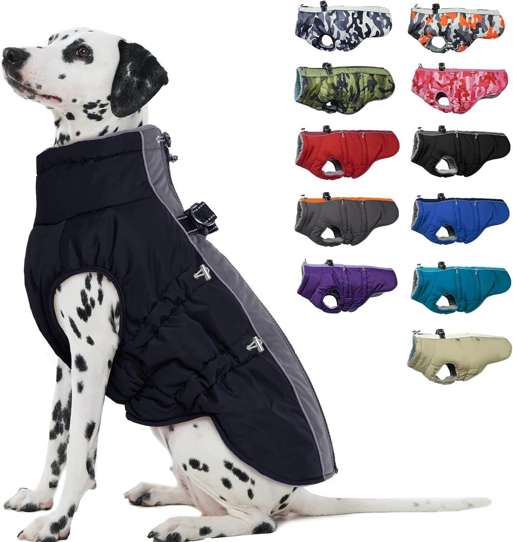 Medium Dog Coat - Warm Zip Up Snowsuit Dog Harness Vest, Reflective, Water-Resistant, Black (Medium (Chest: 20.9"))