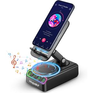 Adjustable Cell Phone Stand with Wireless Induction Bluetooth Speaker, HD Surround Sound & RGB Rhythm Lights, Foldable Portable Stand for Desk, Kitchen Counter, Home Office, Gift for Men Women Dad Mom