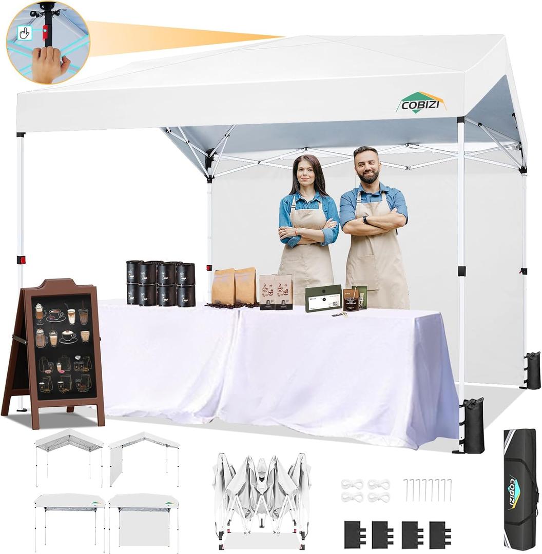 COBIZI 10x10 Pop up Canopy with 1 SideWall,Outdoor Canopy One Push Installation & 3 Adjustable Heights, Waterproof & UFP50+ Commercial Gazebo Outdoor Tent for Backyard Party and Street,White
